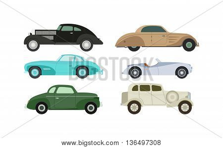 Retro cars icons vintage vector. Classic transportation auto vehicle retro car. Retro car nostalgia automobile old design. Graphic emblem race engine machine shop antique wheels set.