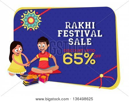 Rakhi Festival Sale, Sale Poster, Sale Banner, Sale Flyer, Discount Upto 65%, Sale Background, Vector illustration of cute sister tying rakhi on her brother's wrist.