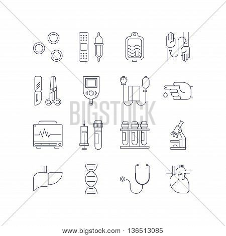 Medical icon set made in line style. Vector blood and heart tests pictorgam collection.
