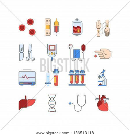 Colorful medical icon set made in line style. Vector blood and heart tests pictorgam collection.