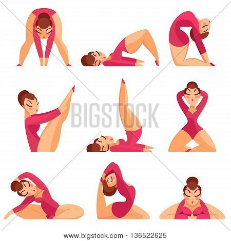 Set of icons of gymnastics girls isolated on white background. Girls show yoga exercises for weight loss. Yoga set of girls in cartoon style. Vector illustration.