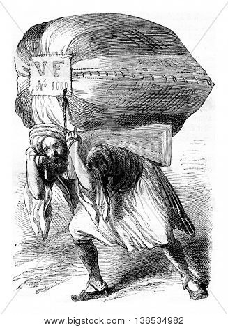 Hammal porters ture, vintage engraved illustration. Magasin Pittoresque 1861.