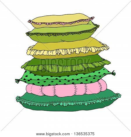 Beautiful pillows on a white background. Cushions. Hand drawing isolated objects on white background. Vector illustration.