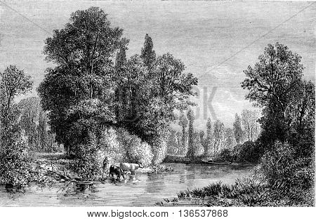 Exhibition of 1861, Banks of the Seine at Saint-Julien near Troyes, by Pron, vintage engraved illustration. Magasin Pittoresque 1861.
