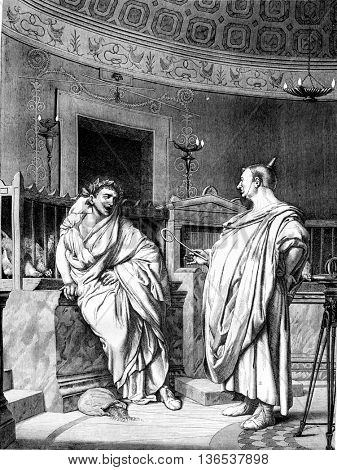 1861 Exhibition of Painting, Two augurs can not watch without laughing, by Gerome, vintage engraved illustration. Magasin Pittoresque 1861.
