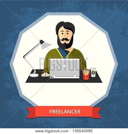 Vector illustration of the character. Freelancer for the laptop.