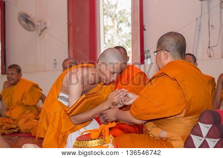 Huahin-thailand-30Apr ,2016 : Newly Ordained Buddhist Monk Pray With Priest Procession. Newly Ordain