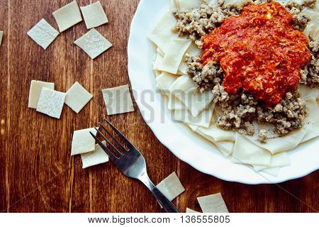 Khinkal, A Traditional Dish Of Caucasian Cuisine, Boiled Pieces Of Dough With Meat And Tomato Sauce
