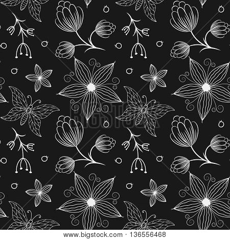 Set of seamless backgrounds with hand drawn colorful butterflies and flowers