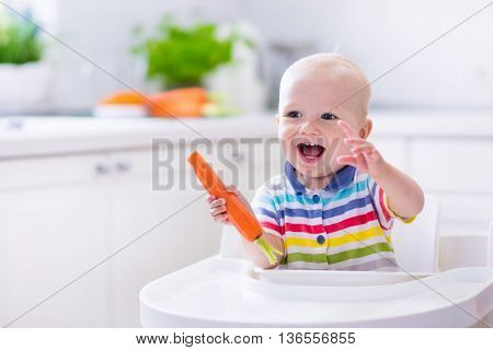 Happy baby sitting in high chair eating carrot in a white kitchen. Healthy nutrition for kids. Bio carrot as first solid food for infant. Children eat vegetables. Little boy biting raw vegetable.