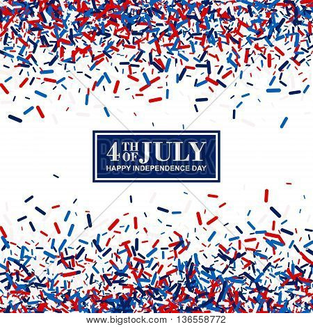 4th of July festive greeting card of scatter sawdust in traditional American colors - red, white, blue. Isolated.