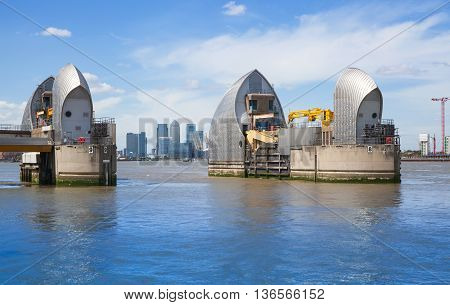 London, UK - May 4, 2015: London barrier on the River Thames view