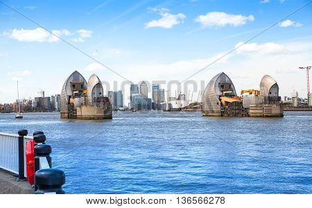 London, UK - May 4, 2015: London barrier on the River Thames view
