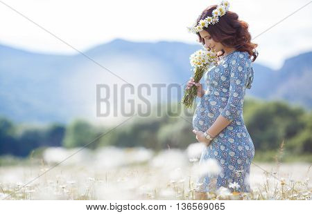 Happy pregnant brunette woman, in a blue dress with a bouquet of white daisies on his head wears a wreath of flowers white Daisy,walking in the summer field of blooming white daisies on a background of mountains and green trees