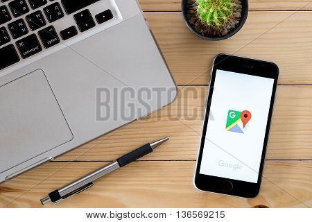 CHIANGMAI THAILAND -JUNE 7 2016:Iphone 6s open Google map app.Google Map is a web mapping service application and technology provided by Google.