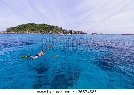 Snorkeling In Turquoise Water Of Andaman Sea At Similan Islands, Thailand
