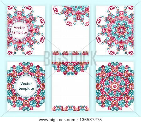 Templates for flyer, banner, brochure, poster, greeting card. Abstract backgrounds with colorful mandalas. Vector illustration.