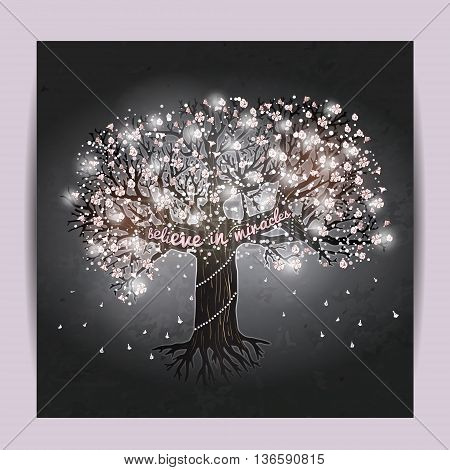 Beautiful blooming tree decorated with glowing lights and flowers