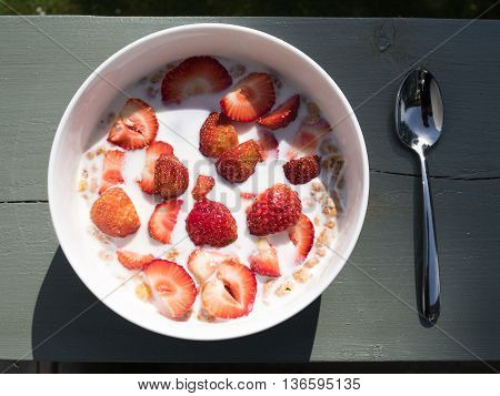 Tasty strawberry soup with cereal and milk