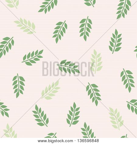 Green leaves pattern. Abstract vector pattern on the light pink background. Vector
