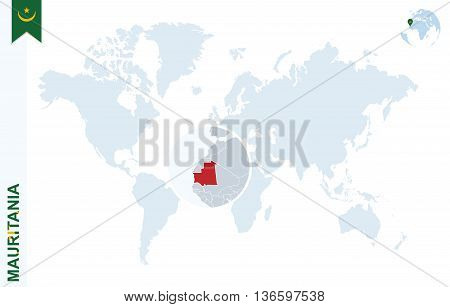 Blue World Map With Magnifying On Mauritania.