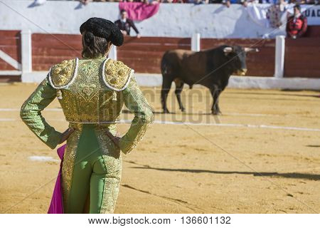 Andujar Spain - September 12 2008: The Spanish Bullfighter Sebastian Castella bullfighting with the crutch in the Bullring of Villacarrillo Spain
