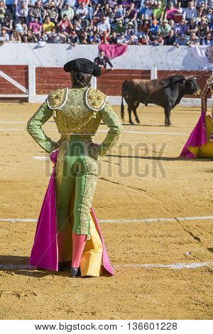 Andujar Spain - September 12 2008: The Spanish Bullfighter Sebastian Castella bullfighting with the crutch in the Bullring of Villacarrillo Spain