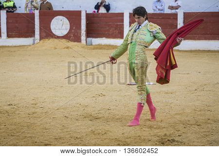Andujar Spain - September 12 2008: The Spanish Bullfighter Sebastian Castella bullfighting with the crutch in the Bullring of Villacarrillo Spain