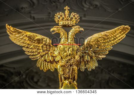 ST. PETERSBURG, RUSSIA - OCTOBER 28: Double-headed eagle on the facade of the Hermitage museum on October 28, 2015
