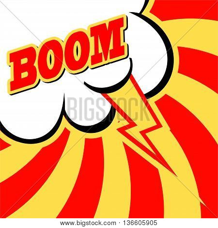 Vintage, cracked background. Pop art, comic style. Cloud with ray and BOOM wording sound effect .