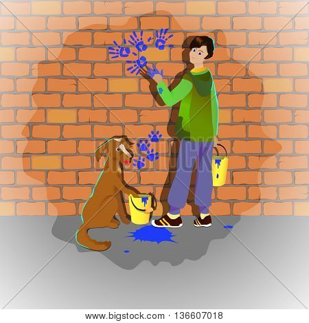 Boy and dog draw hands and feet painted on a brick wall illustranion