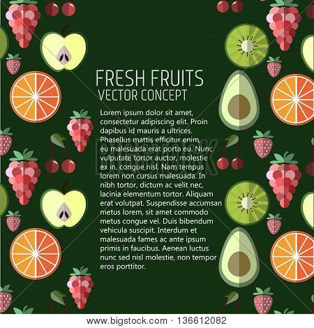 Diet and organic food template. Healthy eating vector concept with flat fruits, vegetables and copyspace. Great for healthy magazines, cooking web sites and restaurant newsletters.