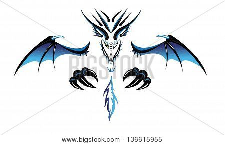 The blue oneeyed dragon breathes fire and grins