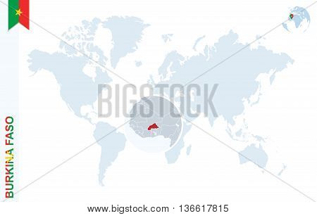 Blue World Map With Magnifying On Burkina Faso.