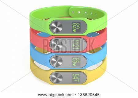 set of colored activity trackers or fitness bracelets 3D rendering isolated on white background
