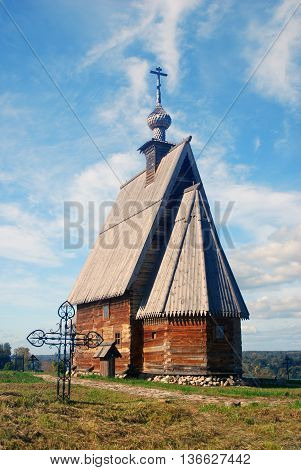 Wooden church in Ples town, popular touristic landmark famous by its landscapes. Ples is situated on the Volga river.