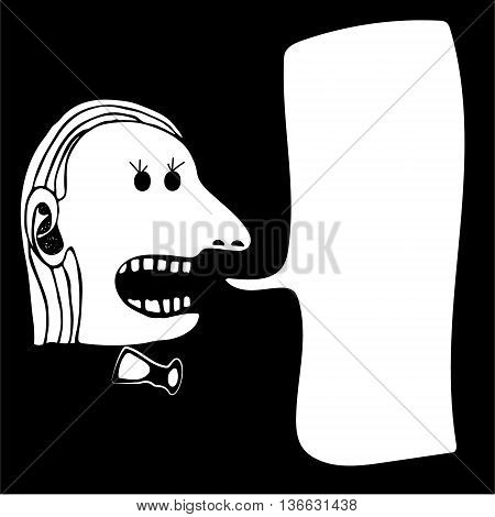 Hand drawn screaming man with bow-tie on black background. With place for text. . Vector illustration. Showman.