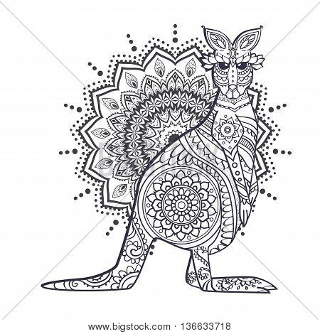 Ornament kangaroo vector. Beautiful illustration kangaroo for design, print clothing, stickers, tattoos, Adult Coloring book. Hand drawn animal illustration. Bohemian kangaroo lace