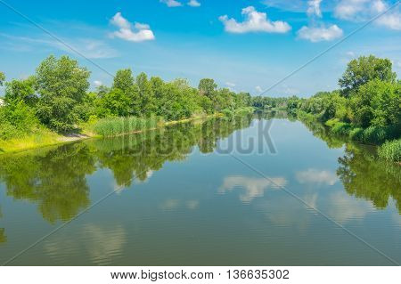 Summer landscape with small river Oril in Ukraine