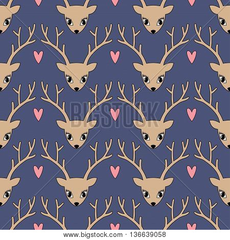 Cute deer with heart background for winter holidays. Merry Xmas illustration. Deer head silhouette seamless pattern. Animal head texture.