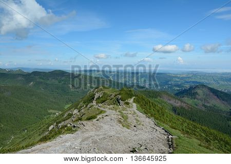 View towards Zakopane from trail to Gasienicowa valley in Tatra mountains in Poland