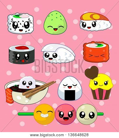 Cute kawaii sushi with cute faces. Sushi roll set with cake, california roll, sake, ika, tekka, masago, rise ball, udon . Japanese food, vector illustration set. Second from three
