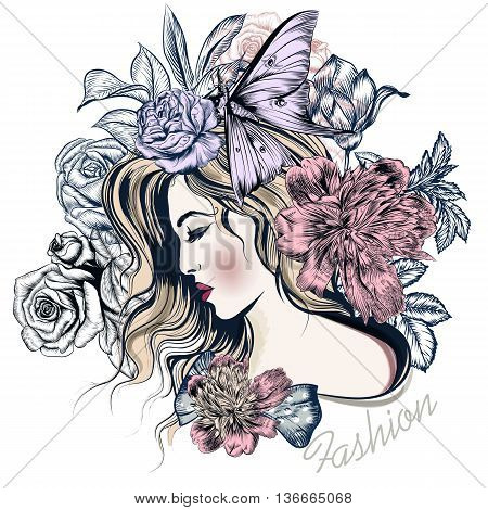 Fashion vector illustration with beautiful young long hared woman and flowers on her head