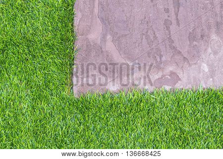 The stone footpathThe sand stone footpath on the grass.The green grass with the sand stone footpath.The texture of the sand stone footpath with the grass.