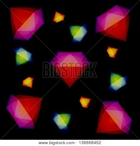Seamless pattern of multi-colored crystals on a black background. Vector graphics.