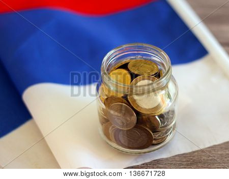 Money on the Russian flag. Russian money.
