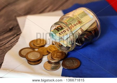 Money on the Russian flag. Russian money.