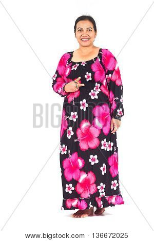 Thai plump woman with colotful dress on white background