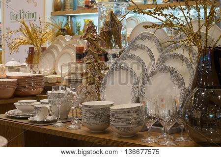 BANGKOK THAILAND - JANUARY 7 2016 : Section of ceramic tableware in supermarket Siam Paragon. Siam Paragon is a one of the biggest shopping centres in Asia.