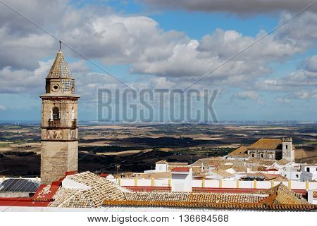View of white village and surrounding countryside Medina Sidonia Cadiz Province Andalusia Spain Western Europe.